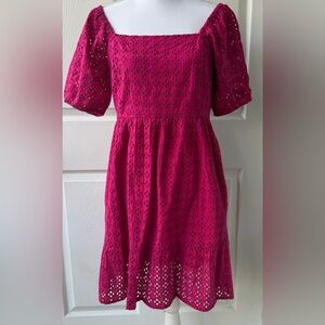 New 100% cotton Magenta pink Eyelet Lace Midi resort wear Dress swim cover up M